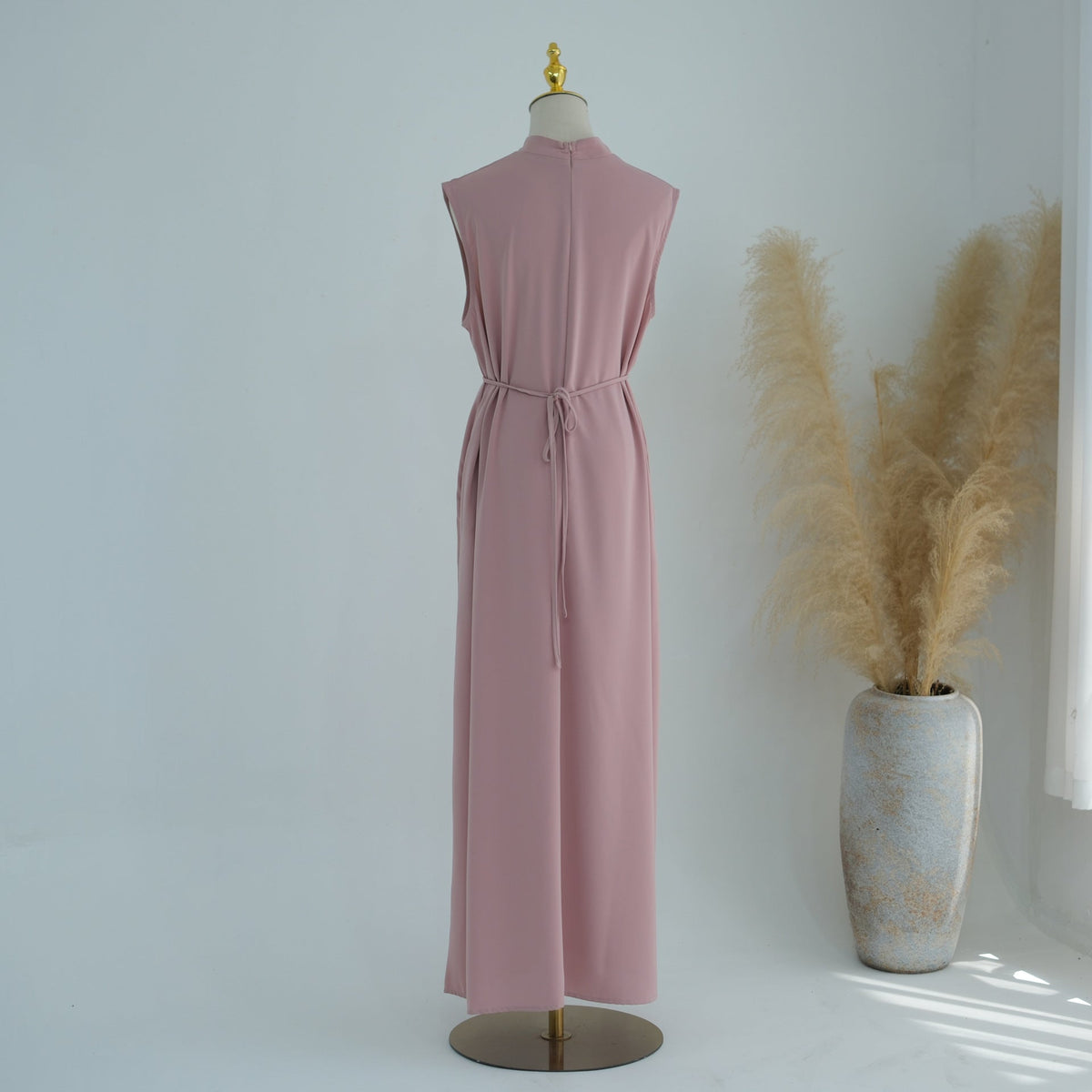 Mandarin-Collar Nida Inner Maxi Dress | Sleeveless Belted Layering Dress(MS569) - Mariam's Collection