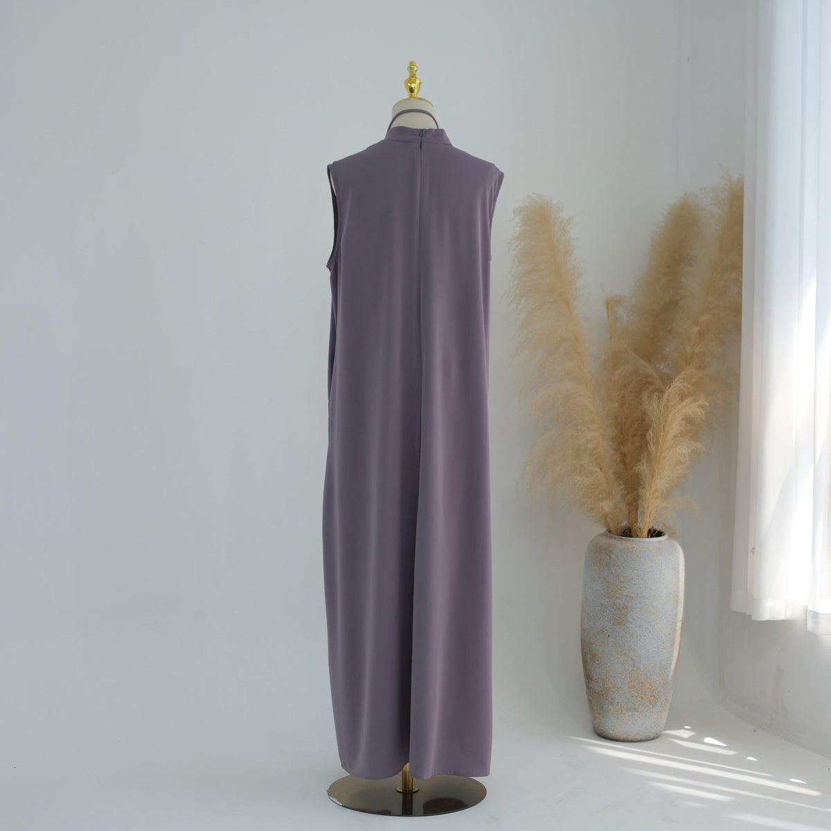 Mandarin-Collar Nida Inner Maxi Dress | Sleeveless Belted Layering Dress(MS569) - Mariam's Collection
