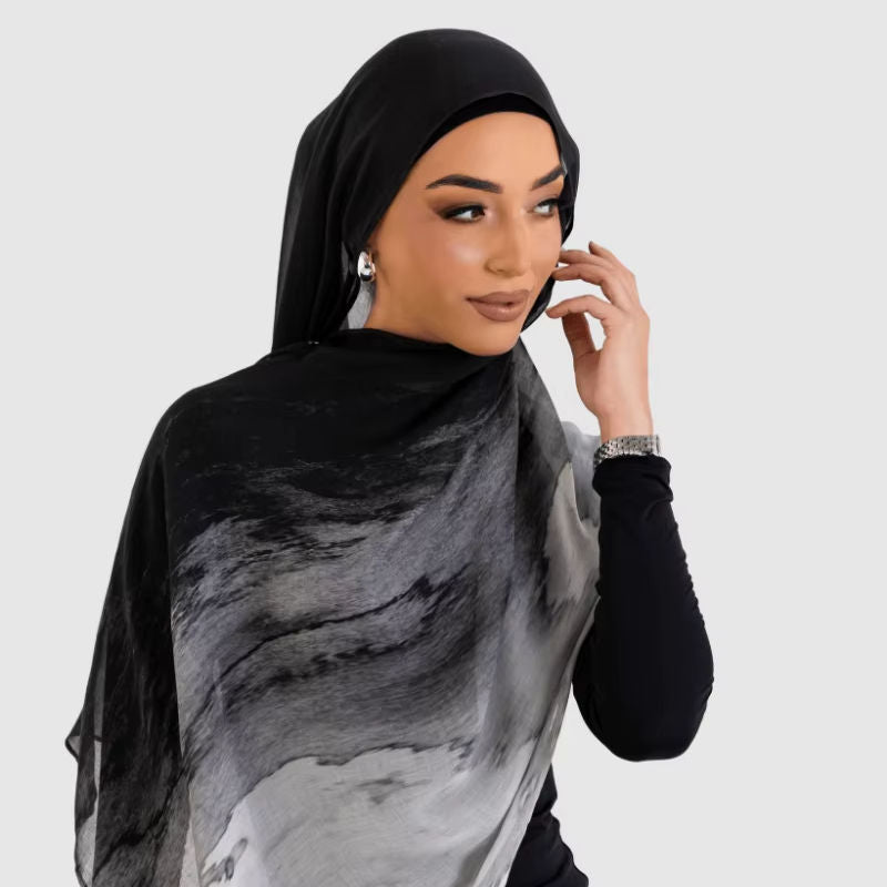 Marble Print Chiffon Hijab | Black & White Tie-Dye(MH227) - Mariam's Collection