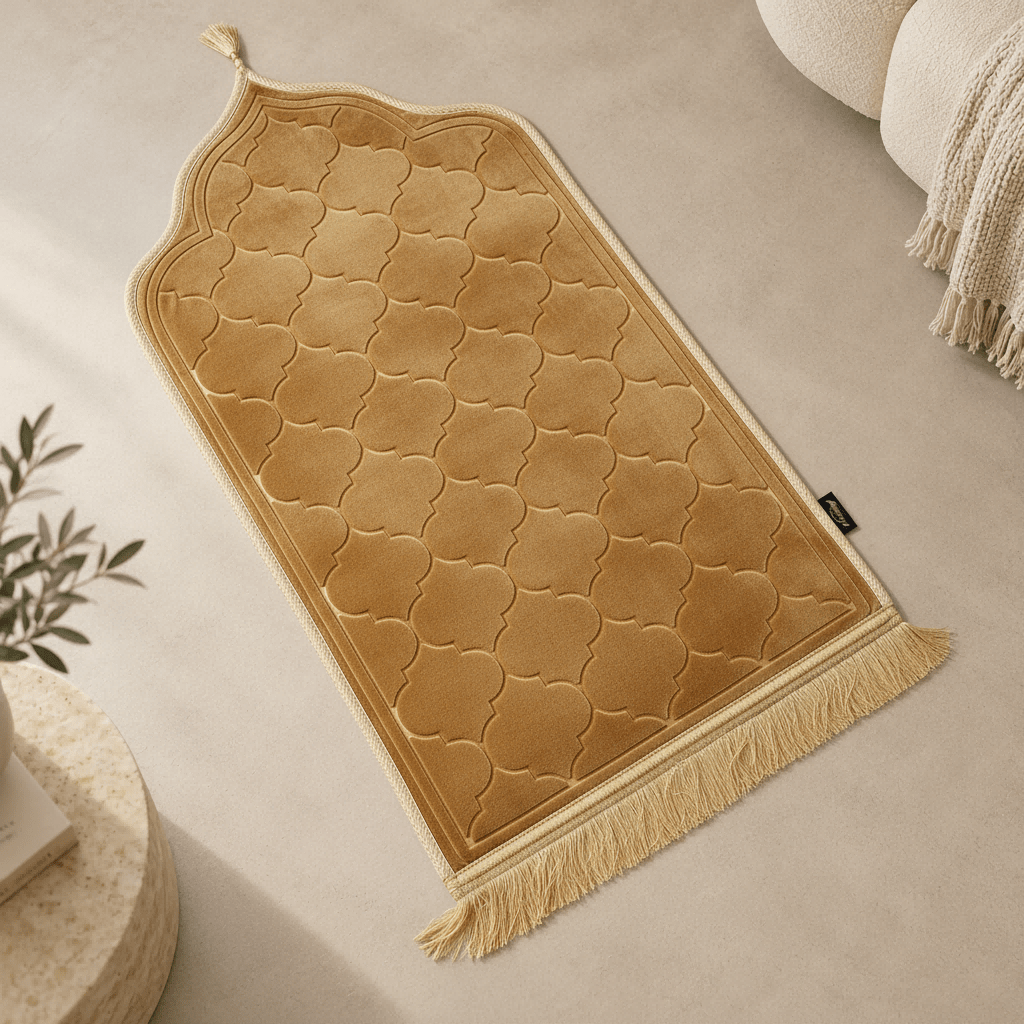 Decorative arch design on embossed prayer rug