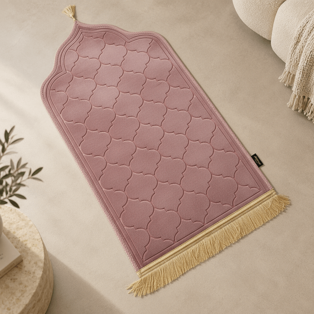 Full length view of 65x110cm embossed prayer rug