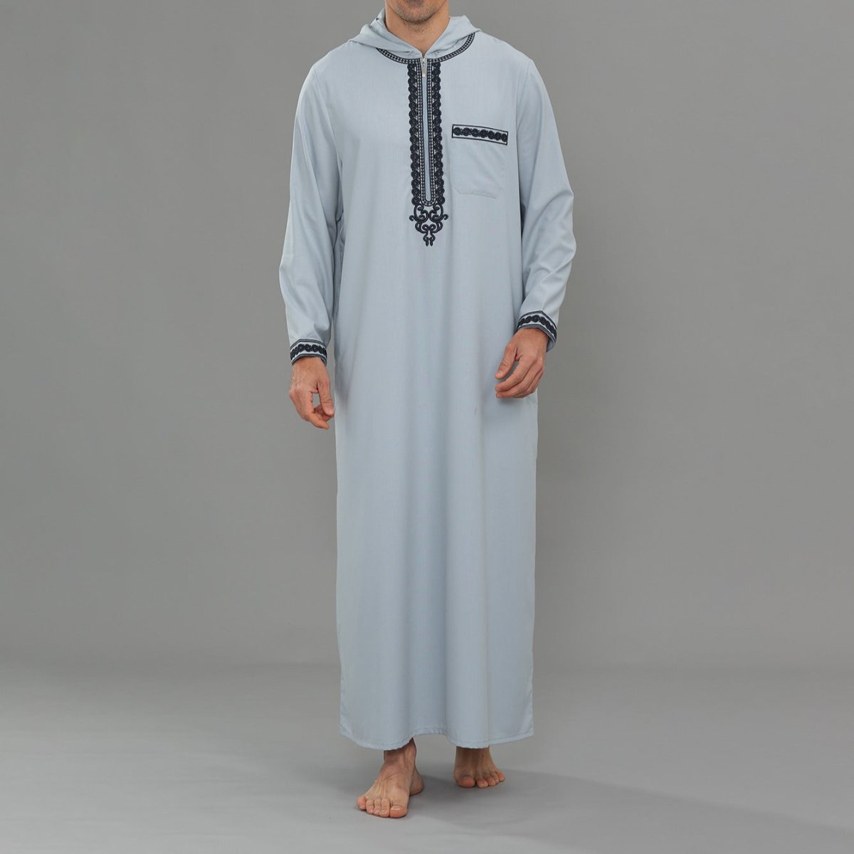 Men's Hooded Embroidered Thobe with Pockets (MT037) - Mariam's Collection