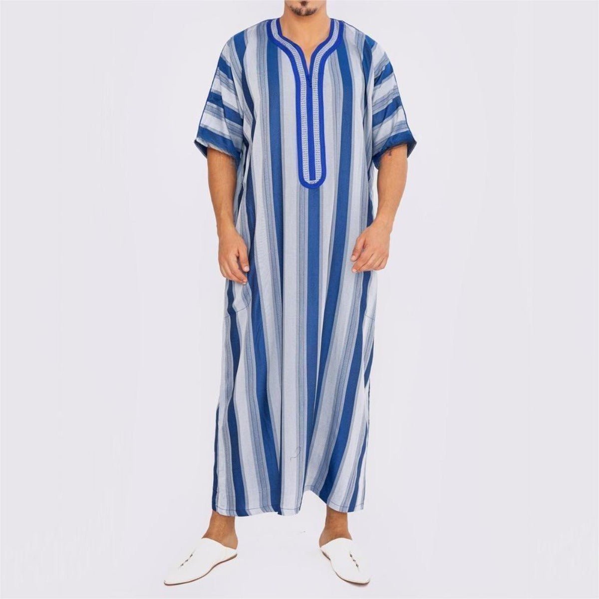 Men's Short Sleeve Breathable Blue & White Striped Thobe Long Robe with ...