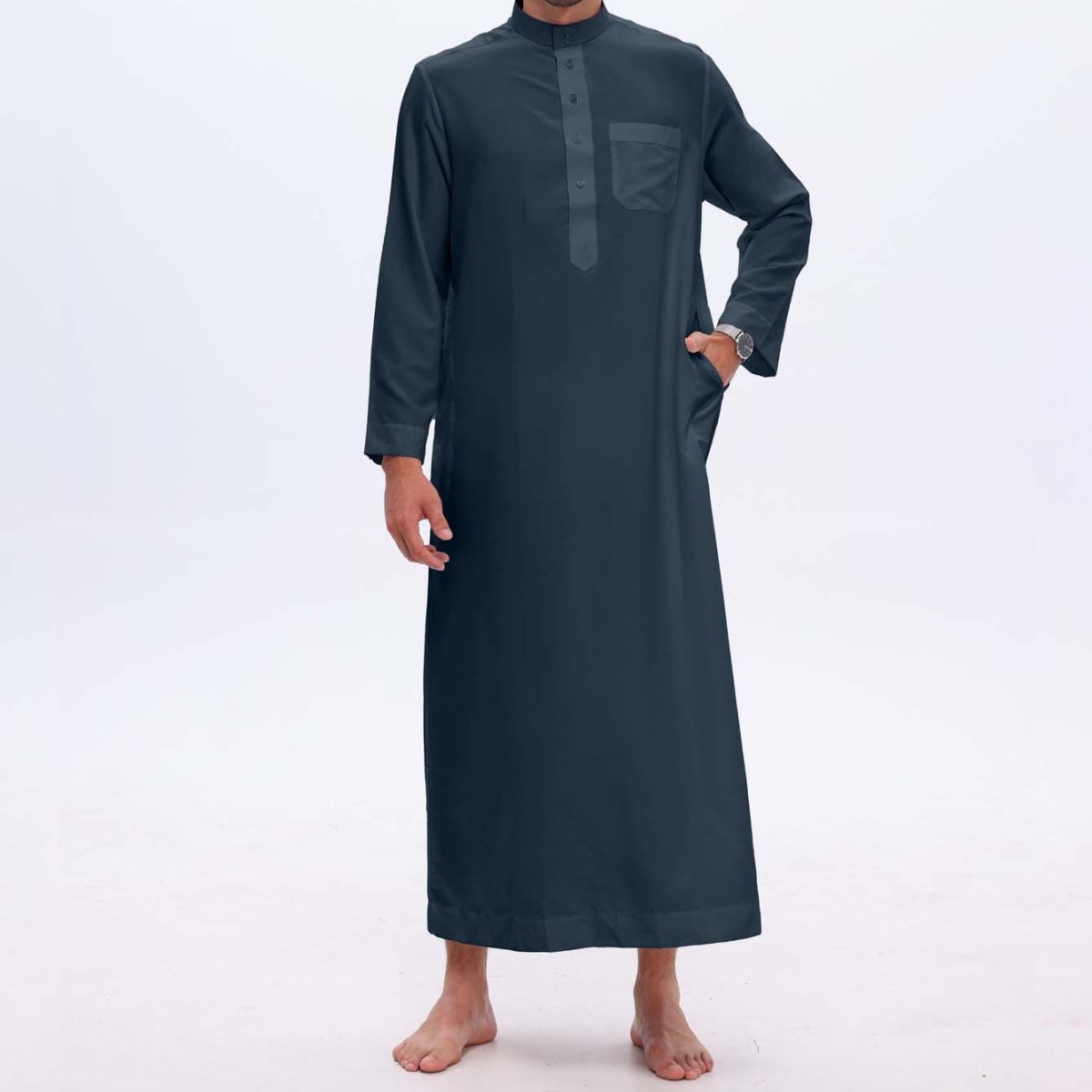 Men's Solid Color Thobe with Button Placket (MT036) - Mariam's Collection