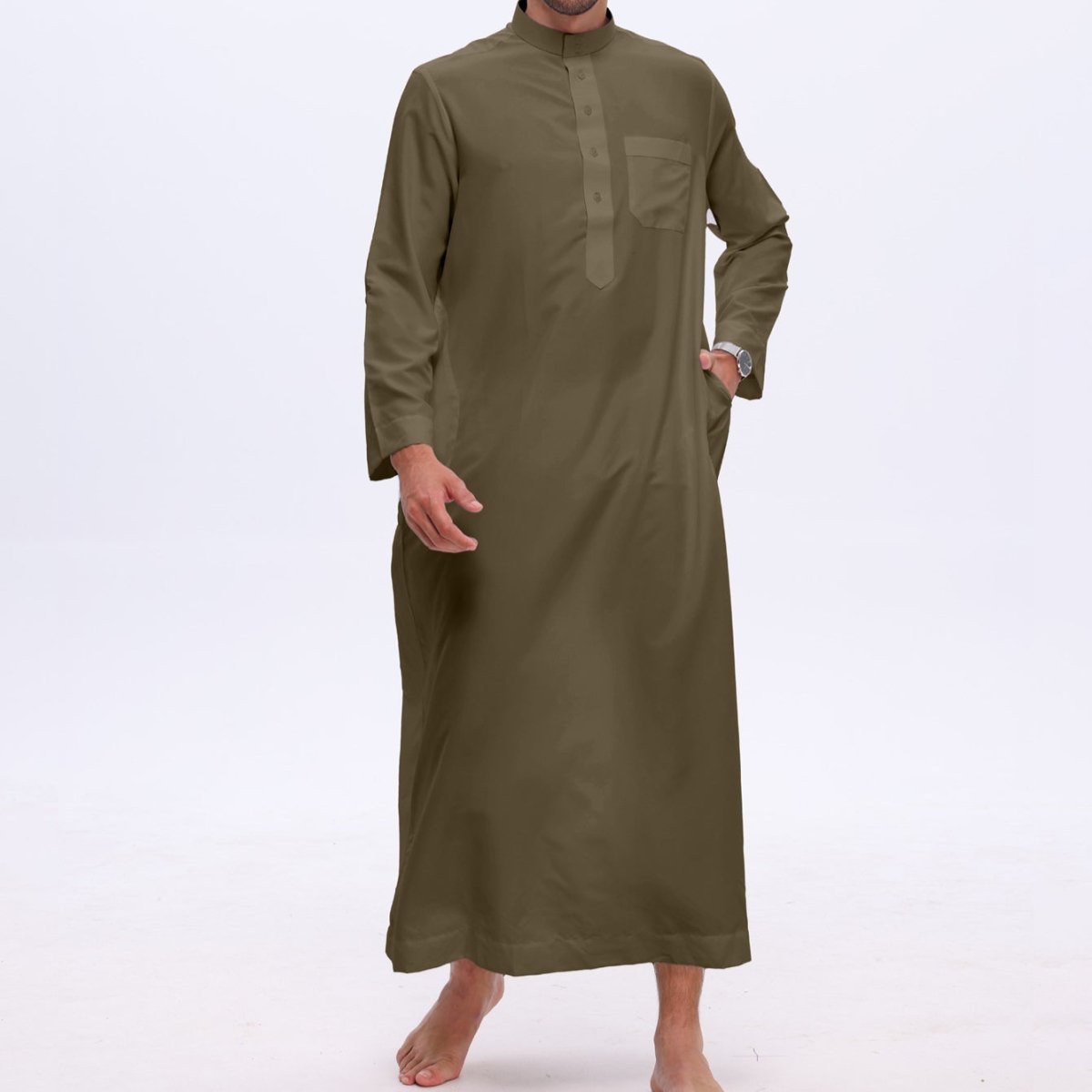 Men's Solid Color Thobe with Button Placket (MT036) - Mariam's Collection