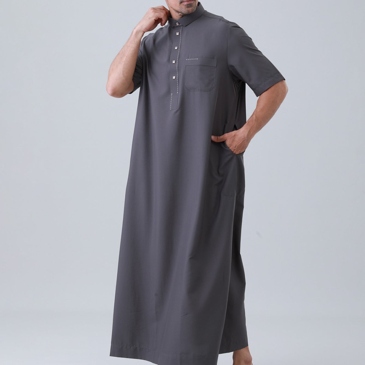 Men's Solid Color Thobe with Button Placket (MT038) - Mariam's Collection