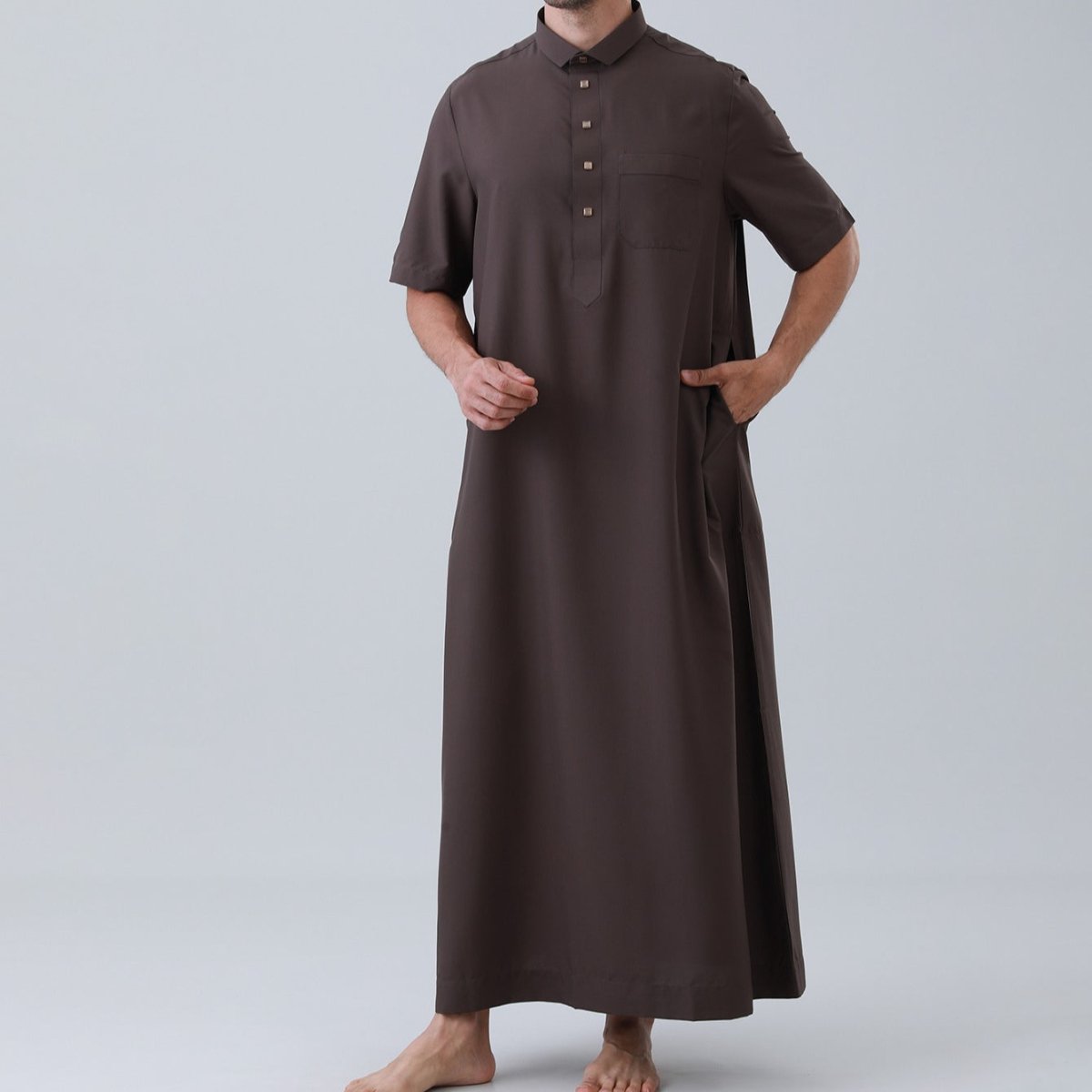 Men's Solid Color Thobe with Button Placket (MT038) - Mariam's Collection