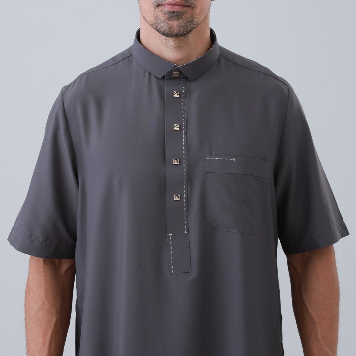Men's Solid Color Thobe with Button Placket (MT038) - Mariam's Collection