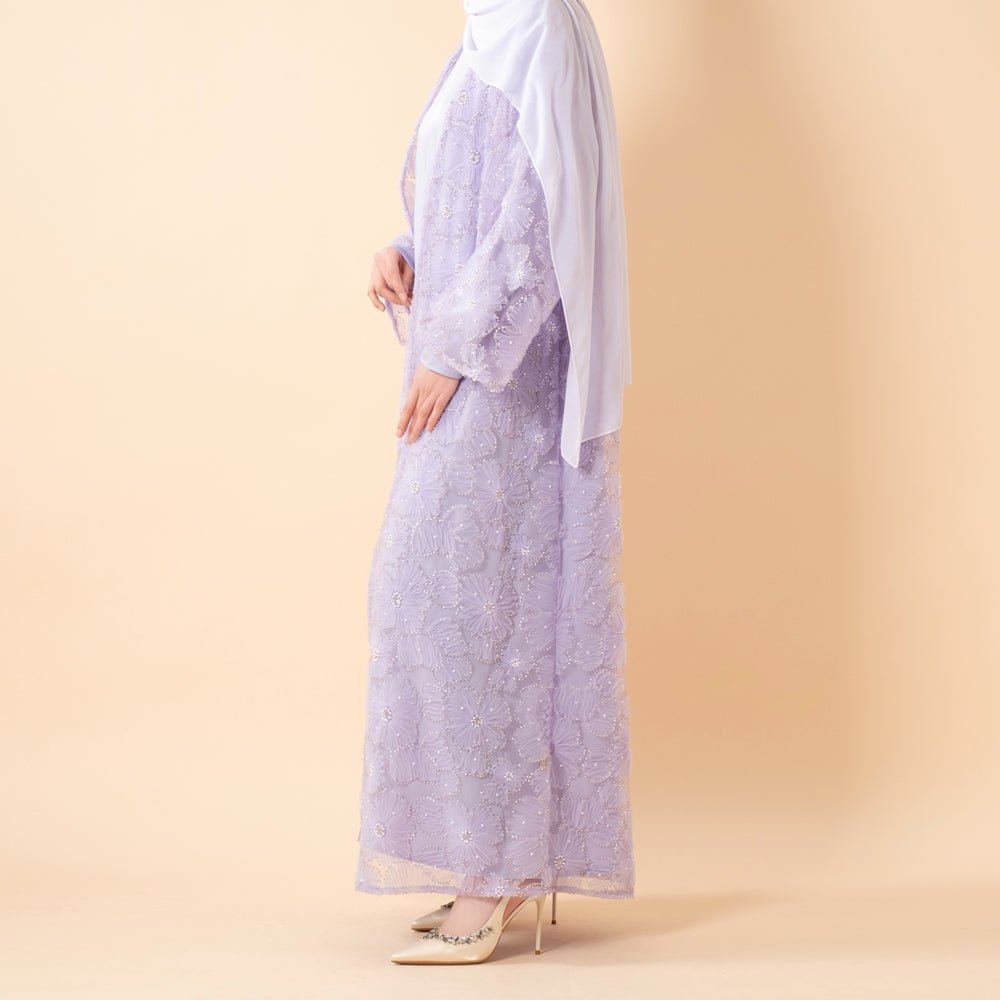 Mesh Flower Bead Open Abaya and Satin Interior Dress 2 - Piece Set | Elegant Muslim Wedding Guest Outfit(MOA222) - Mariam's Collection