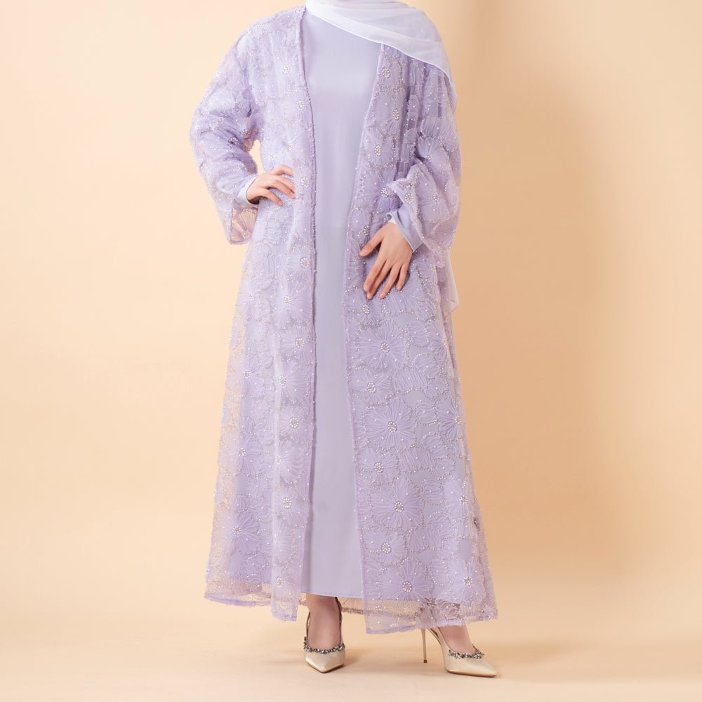Mesh Flower Bead Open Abaya and Satin Interior Dress 2 - Piece Set | Elegant Muslim Wedding Guest Outfit(MOA222) - Mariam's Collection