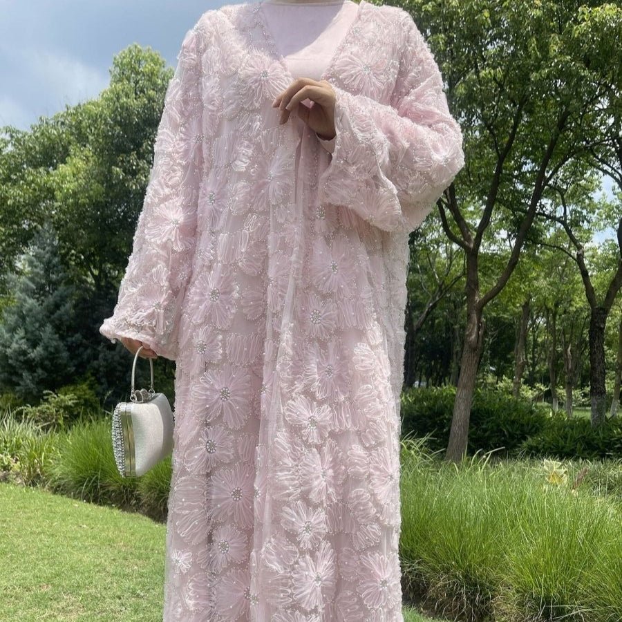 Mesh Flower Bead Open Abaya and Satin Interior Dress 2 - Piece Set | Elegant Muslim Wedding Guest Outfit(MOA222) - Mariam's Collection