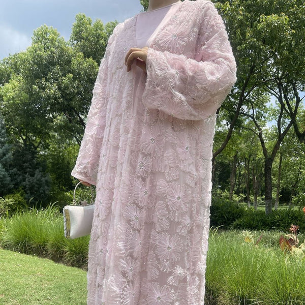 Mesh Flower Bead Open Abaya and Satin Interior Dress 2 - Piece Set | Elegant Muslim Wedding Guest Outfit(MOA222) - Mariam's Collection