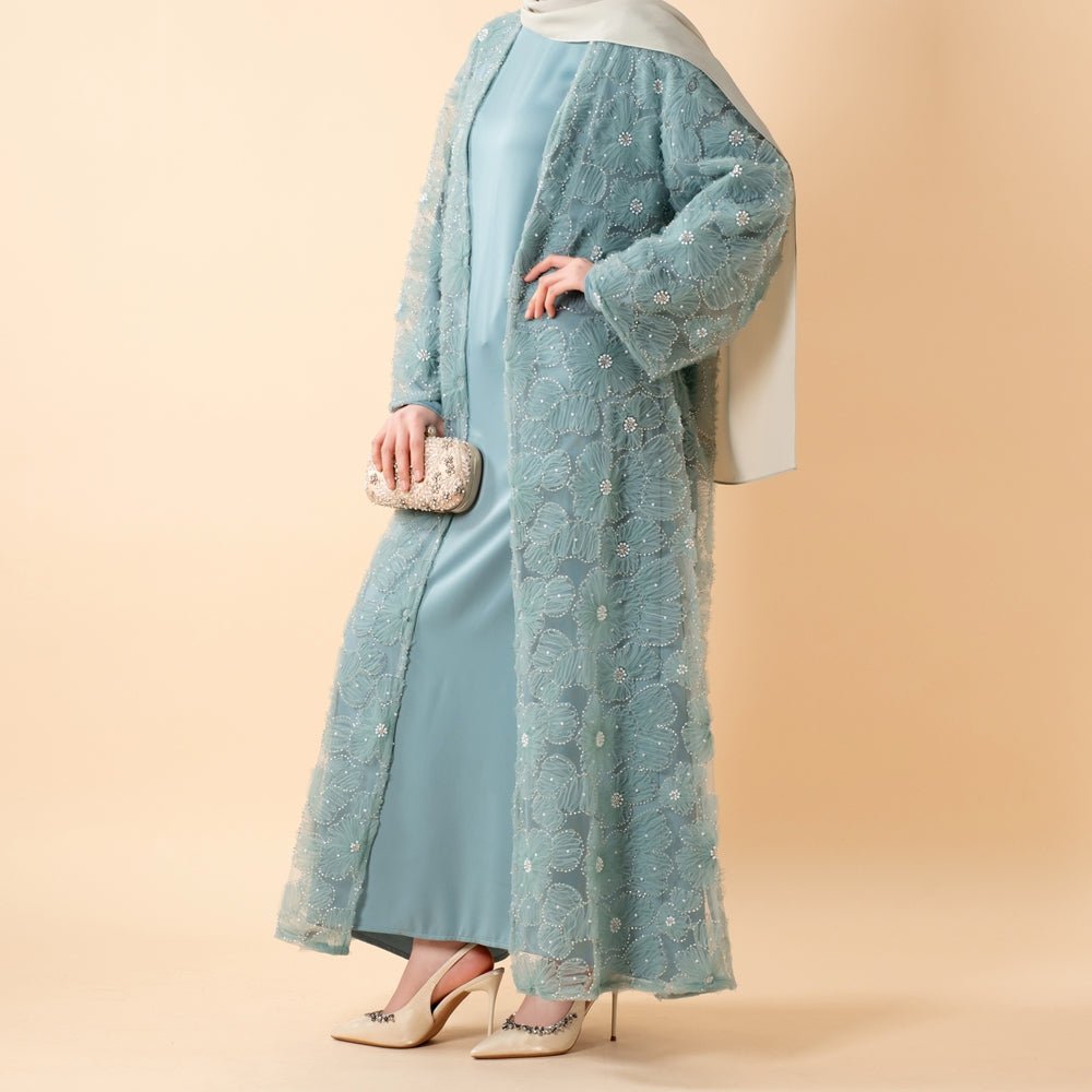 Mesh Flower Bead Open Abaya and Satin Interior Dress 2 - Piece Set | Elegant Muslim Wedding Guest Outfit(MOA222) - Mariam's Collection