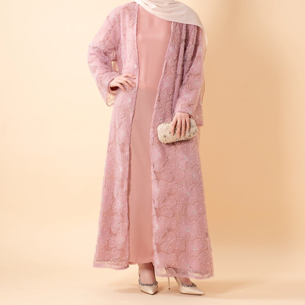 Mesh Flower Bead Open Abaya and Satin Interior Dress 2 - Piece Set | Elegant Muslim Wedding Guest Outfit(MOA222) - Mariam's Collection