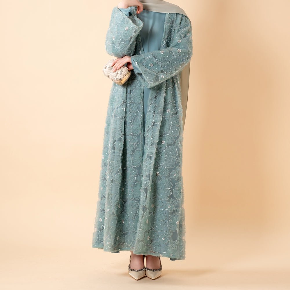 Mesh Flower Bead Open Abaya and Satin Interior Dress 2 - Piece Set | Elegant Muslim Wedding Guest Outfit(MOA222) - Mariam's Collection