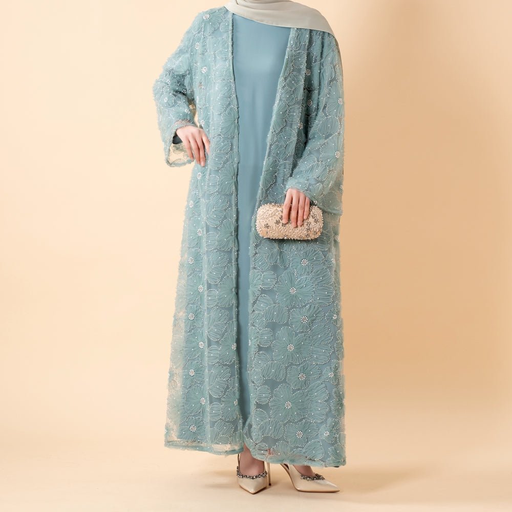 Mesh Flower Bead Open Abaya and Satin Interior Dress 2 - Piece Set | Elegant Muslim Wedding Guest Outfit(MOA222) - Mariam's Collection