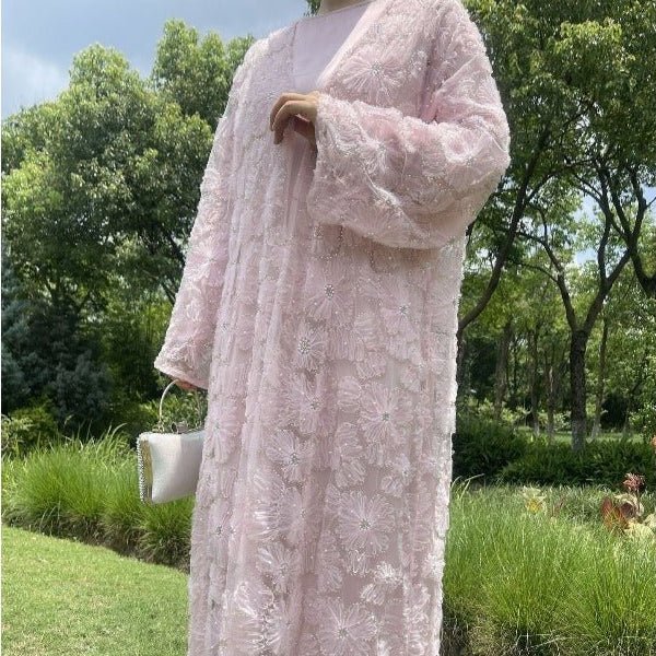 Mesh Flower Bead Open Abaya and Satin Interior Dress 2 - Piece Set | Elegant Muslim Wedding Guest Outfit(MOA222) - Mariam's Collection