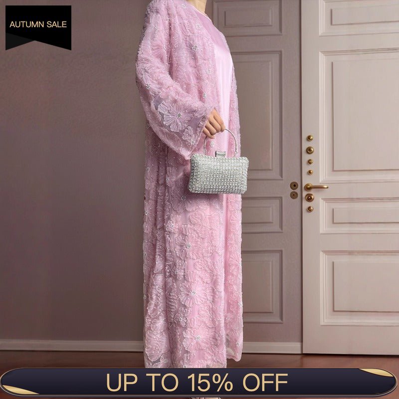 Mesh Flower Bead Open Abaya and Satin Interior Dress 2 - Piece Set | Elegant Muslim Wedding Guest Outfit(MOA222) - Mariam's Collection