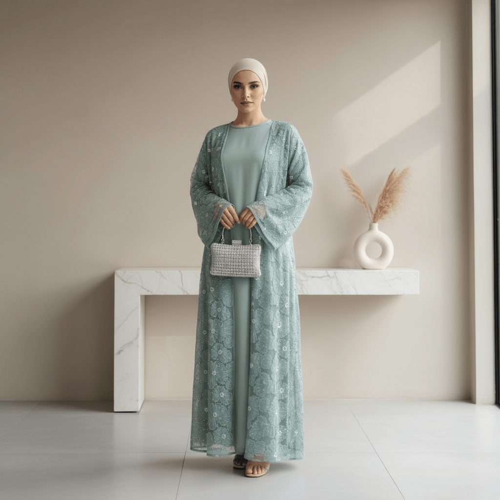 Mesh Flower Bead Open Abaya and Satin Interior Dress 2 - Piece Set | Elegant Muslim Wedding Guest Outfit(MOA222) - Mariam's Collection