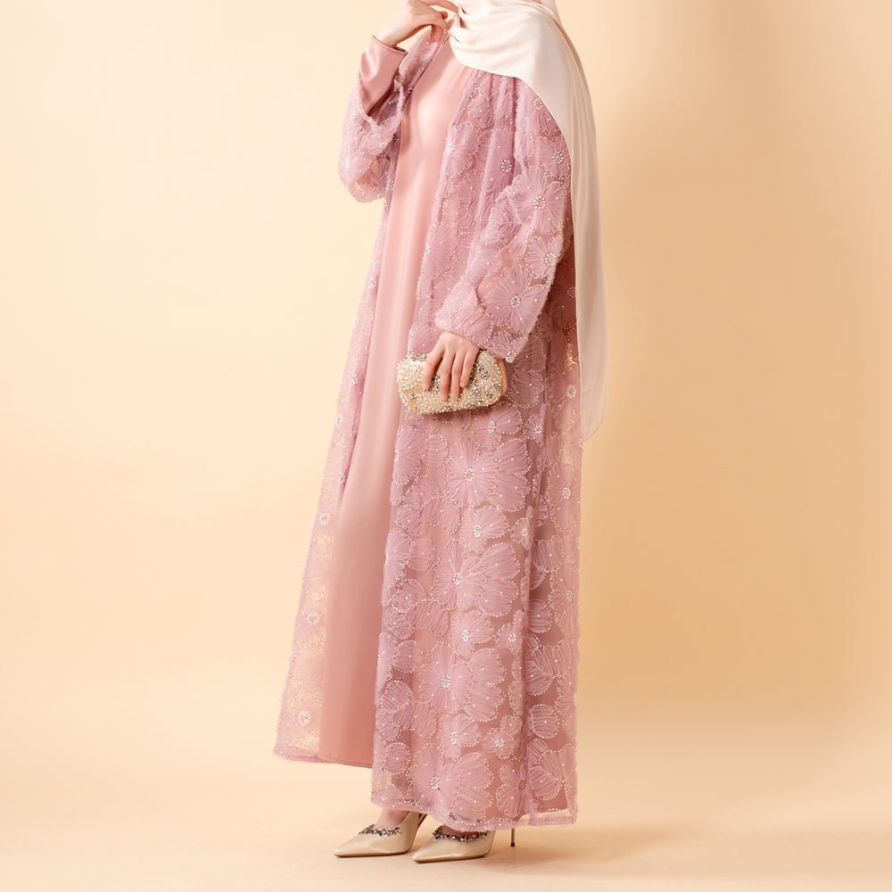Mesh Flower Bead Open Abaya and Satin Interior Dress 2-Piece Set Mesh Flower Bead Open Abaya and Satin Interior Dress 2-Piece Set