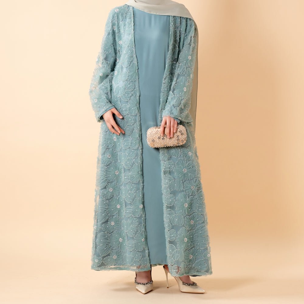 Mesh Flower Bead Open Abaya and Satin Interior Dress 2-Piece Set