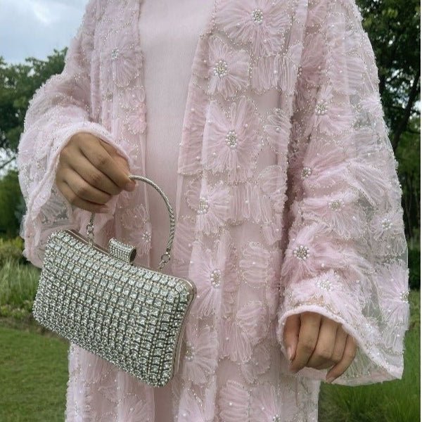 Mesh Flower Bead Open Abaya and Satin Interior Dress 2 - Piece Set | Elegant Muslim Wedding Guest Outfit(MOA222) - Mariam's Collection