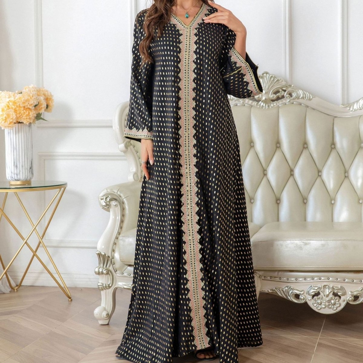 Metallic Embroidered Lace Trim Abaya(MA367) - Mariam's Collection