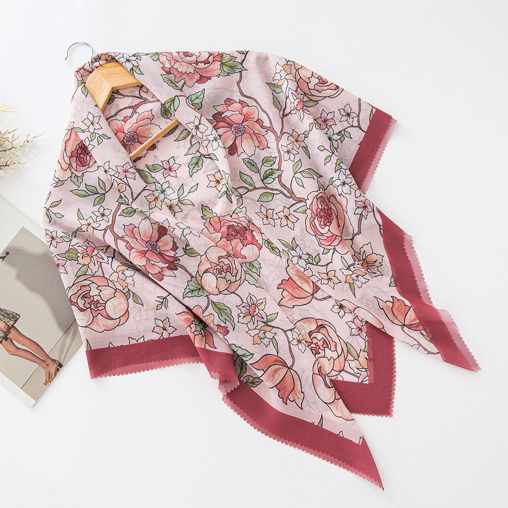 MH072 Square Floral Print Wavy Cut - off Voile Hijab - Mariam's Collection