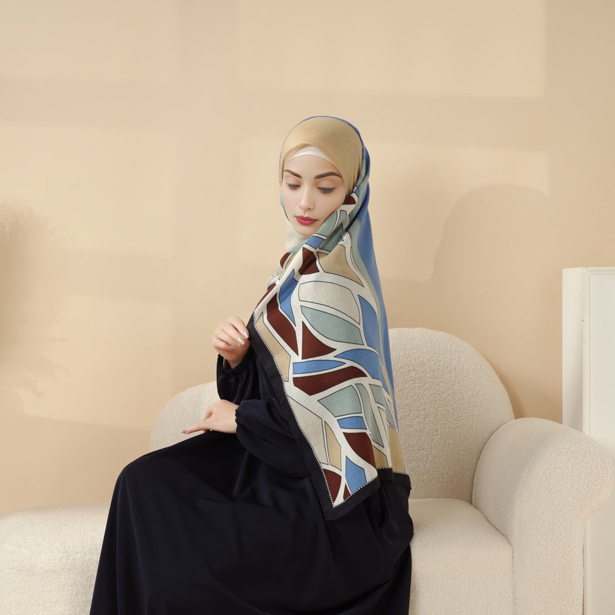 MH095 Printed Colorblock Geometric and Natural Floral Pattern Cotton and Linen Blend Shawl - Mariam's Collection