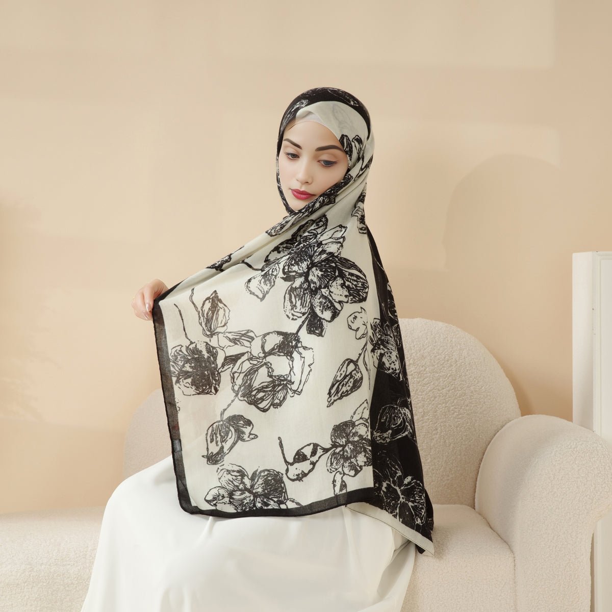 MH095 Printed Colorblock Geometric and Natural Floral Pattern Cotton and Linen Blend Shawl - Mariam's Collection