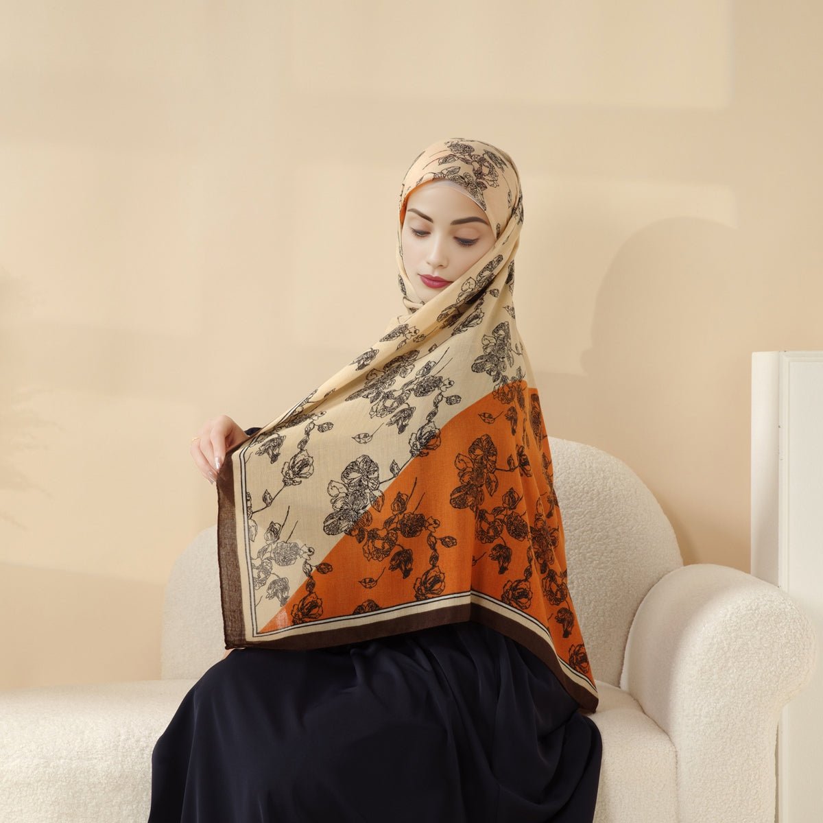 MH095 Printed Colorblock Geometric and Natural Floral Pattern Cotton and Linen Blend Shawl - Mariam's Collection