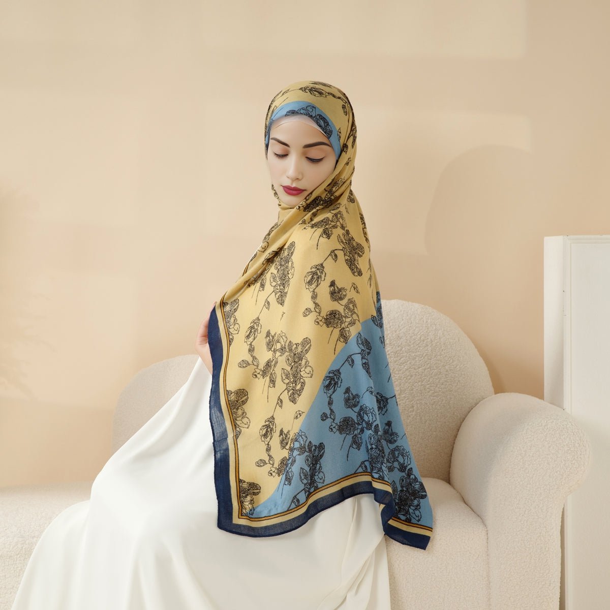 MH095 Printed Colorblock Geometric and Natural Floral Pattern Cotton and Linen Blend Shawl - Mariam's Collection