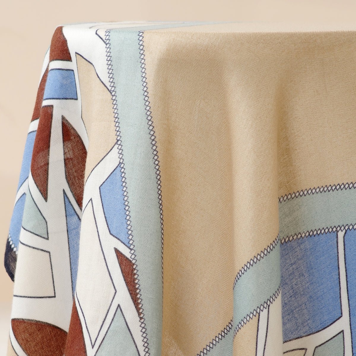 MH095 Printed Colorblock Geometric and Natural Floral Pattern Cotton and Linen Blend Shawl - Mariam's Collection