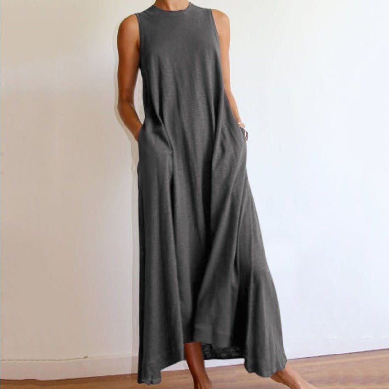 grey maxi dress with pockets Flax-Full Dress - Linen Maxi Dress