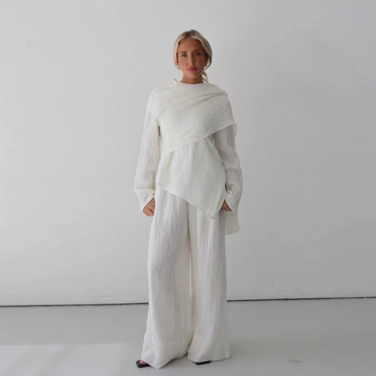 Minimalist Luxury Modest Lounge Two - Piece Set | Asymmetrical Cardigan & Wide - Leg Pants. (MS093) - Mariam's Collection