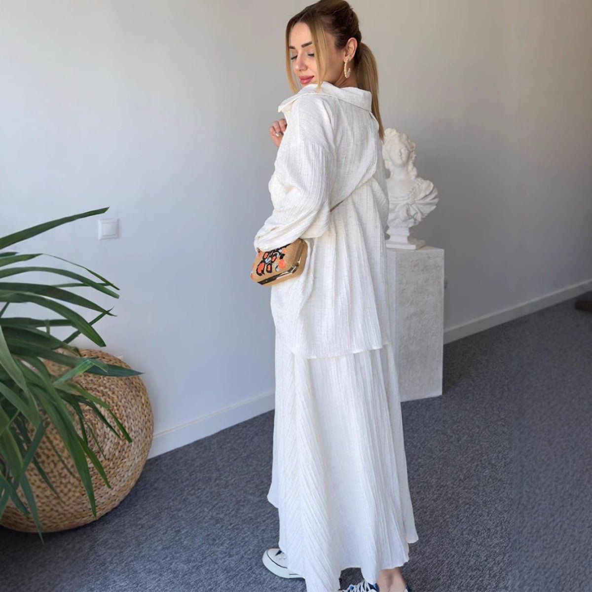 Minimalist White Casual Elegance Wrinkle - Texture Two - Piece Set . (MS091) - Mariam's Collection