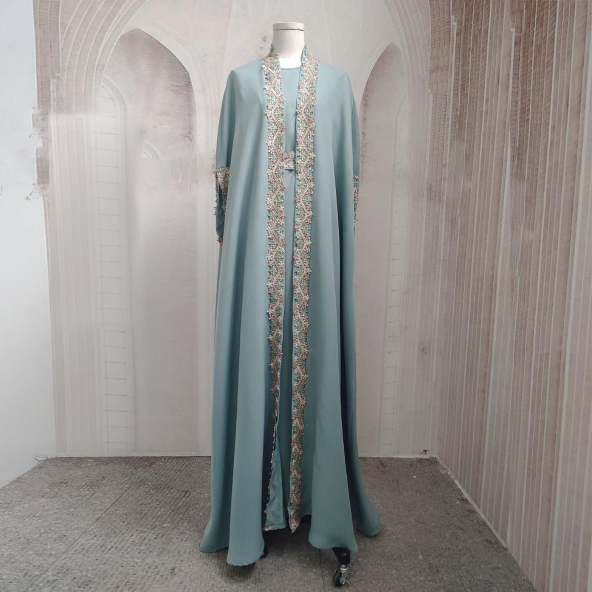 Mint Gold Bell Sleeve Abaya & Robe | Formal Muslim Luxury Two - Piece. (MOA177) - Mariam's Collection