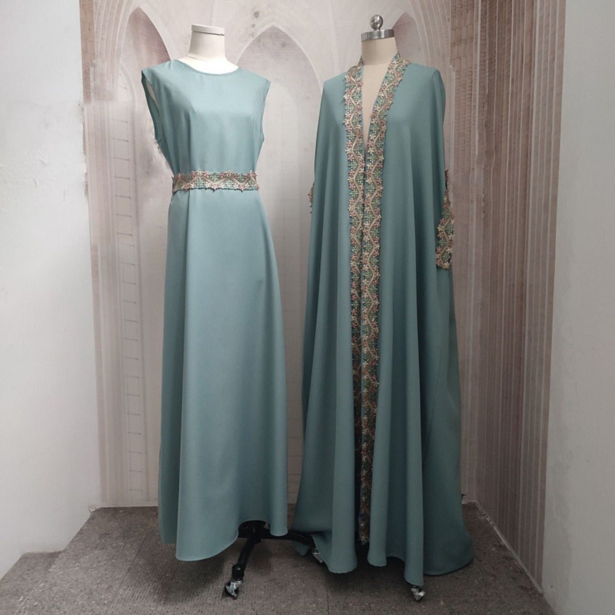 Mint Gold Bell Sleeve Abaya & Robe | Formal Muslim Luxury Two - Piece. (MOA177) - Mariam's Collection