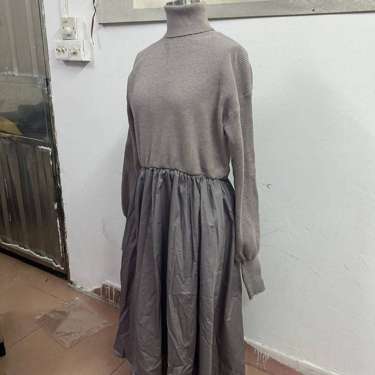 Mixed Media Sweater Dress | Turtleneck Knit & Woven Maxi Dress(MS236) - Mariam's Collection