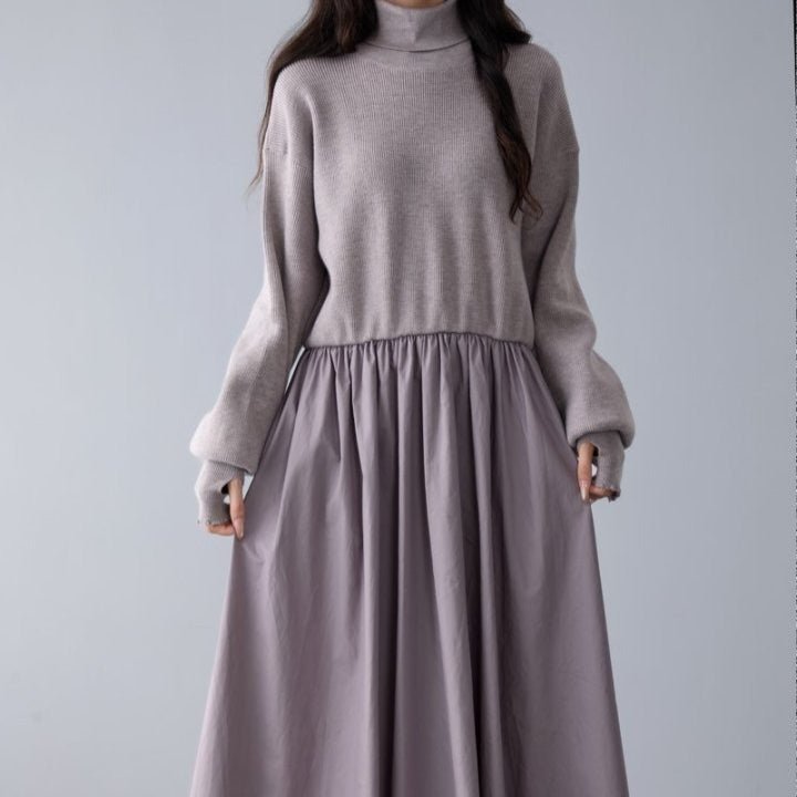Mixed Media Sweater Dress | Turtleneck Knit & Woven Maxi Dress(MS236) - Mariam's Collection