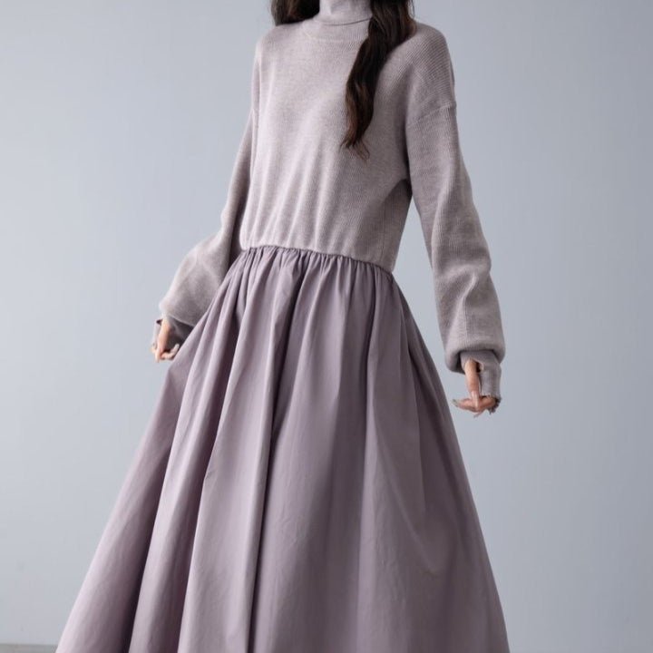 Mixed Media Sweater Dress | Turtleneck Knit & Woven Maxi Dress(MS236) - Mariam's Collection