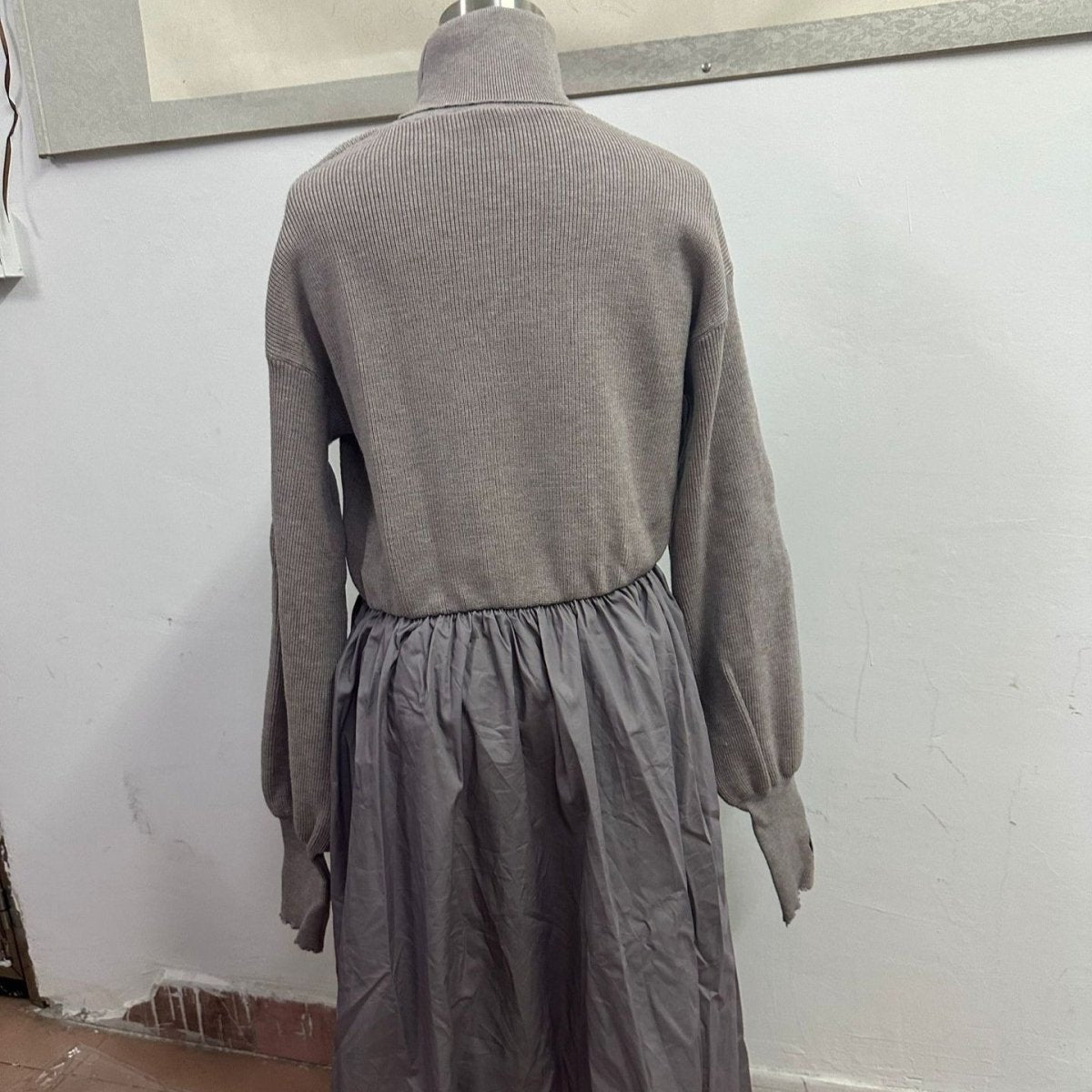 Mixed Media Sweater Dress | Turtleneck Knit & Woven Maxi Dress(MS236) - Mariam's Collection