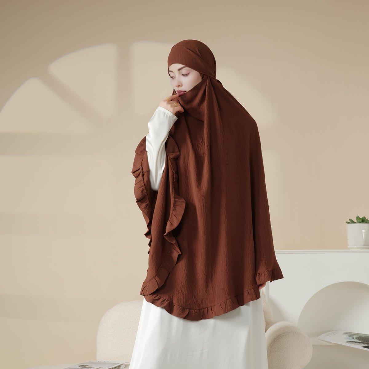 MK019 Ruffled Solid Elastic Long Shawl Khimar - Mariam's Collection Coffee / One Size Fits All MK019 Ruffled Solid Elastic Long Shawl Khimar - Mariam's Collection Coffee / One Size Fits All