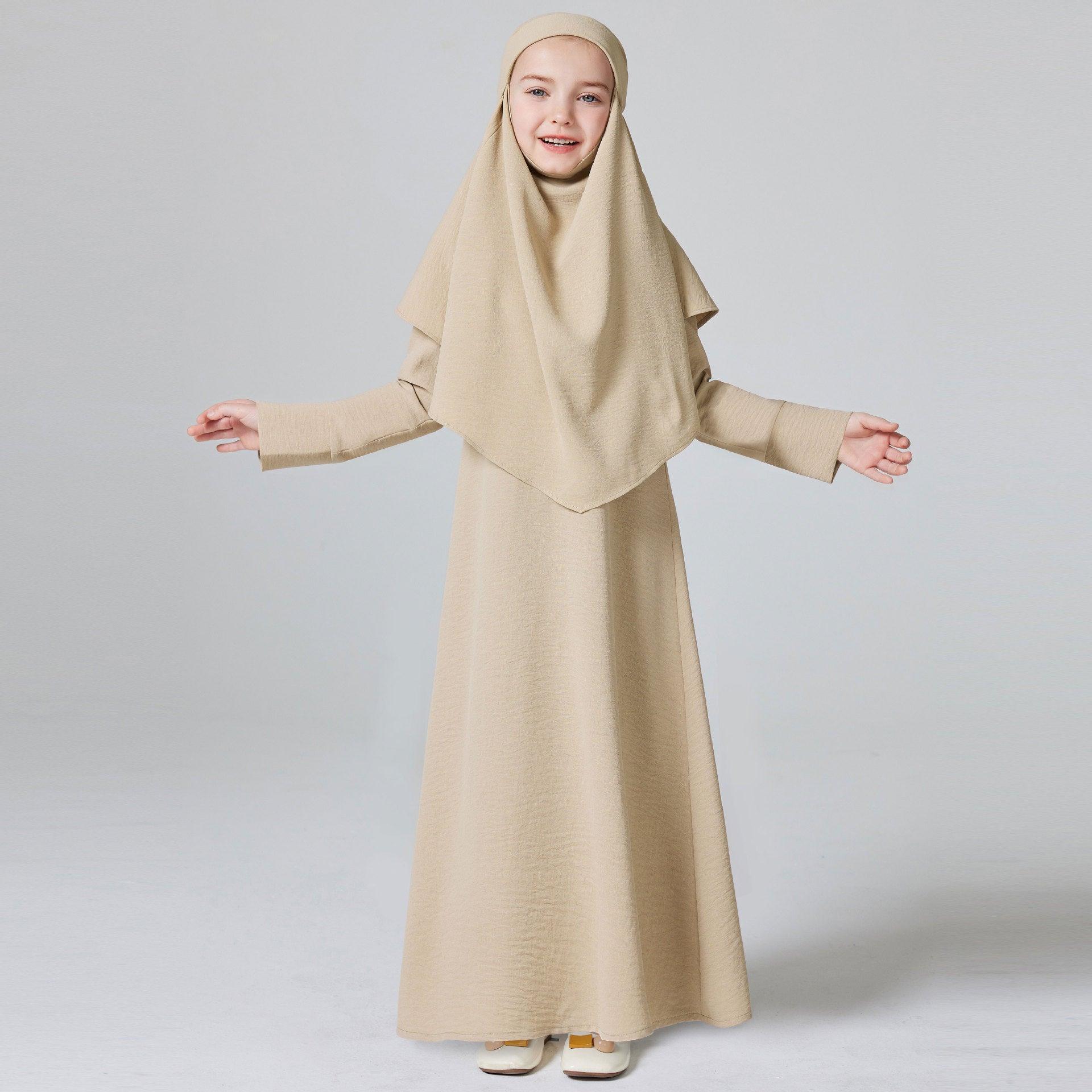 MKG003 Girls Pleated Solid Color Abaya 2 - Piece Set - Mariam's Collection