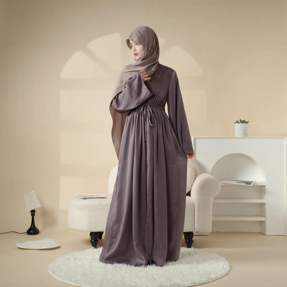 MOA003 Rhinestone Sleeve Pocket Satin Open Abaya - Mariam's Collection