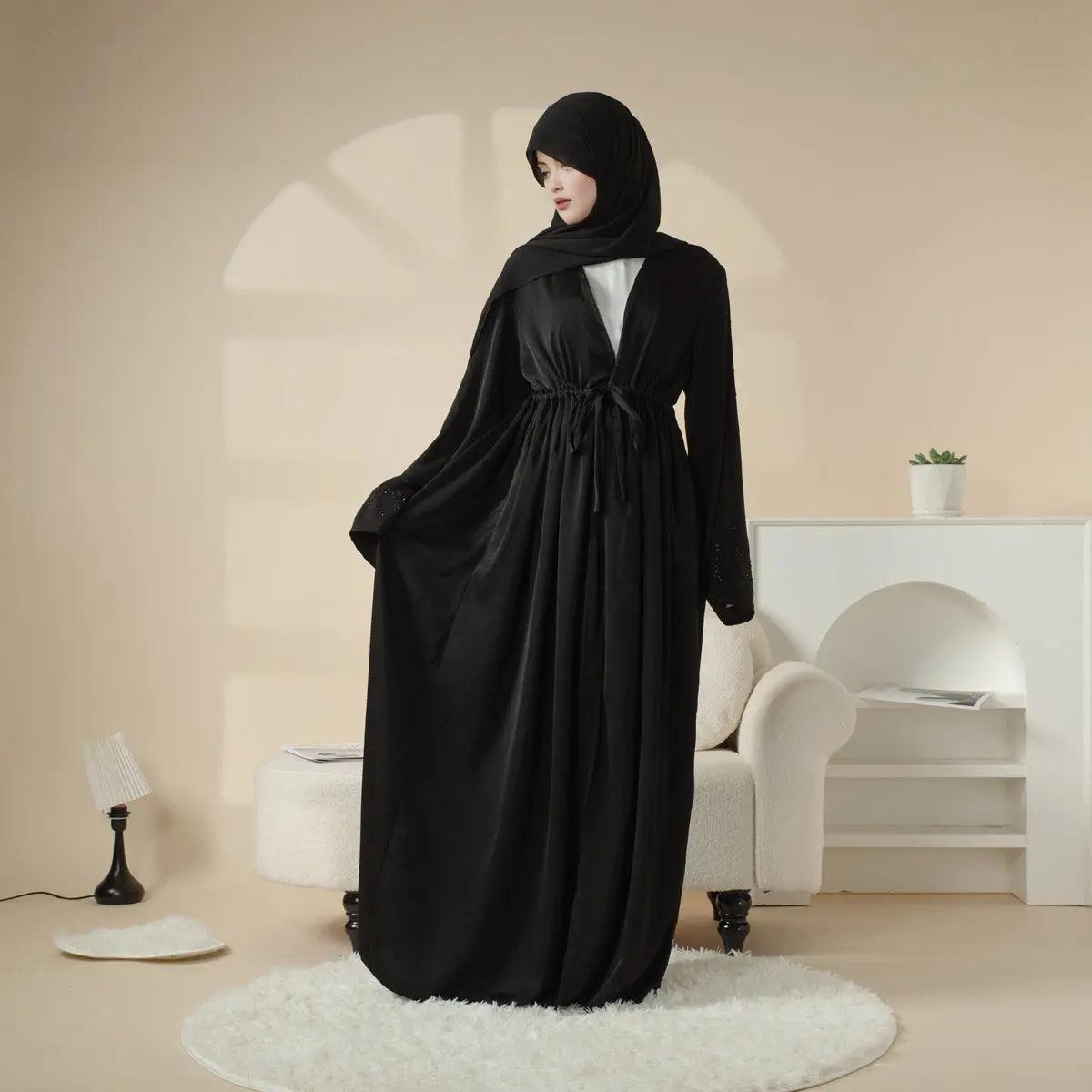 MOA003 Rhinestone Sleeve Pocket Satin Open Abaya - Mariam's Collection