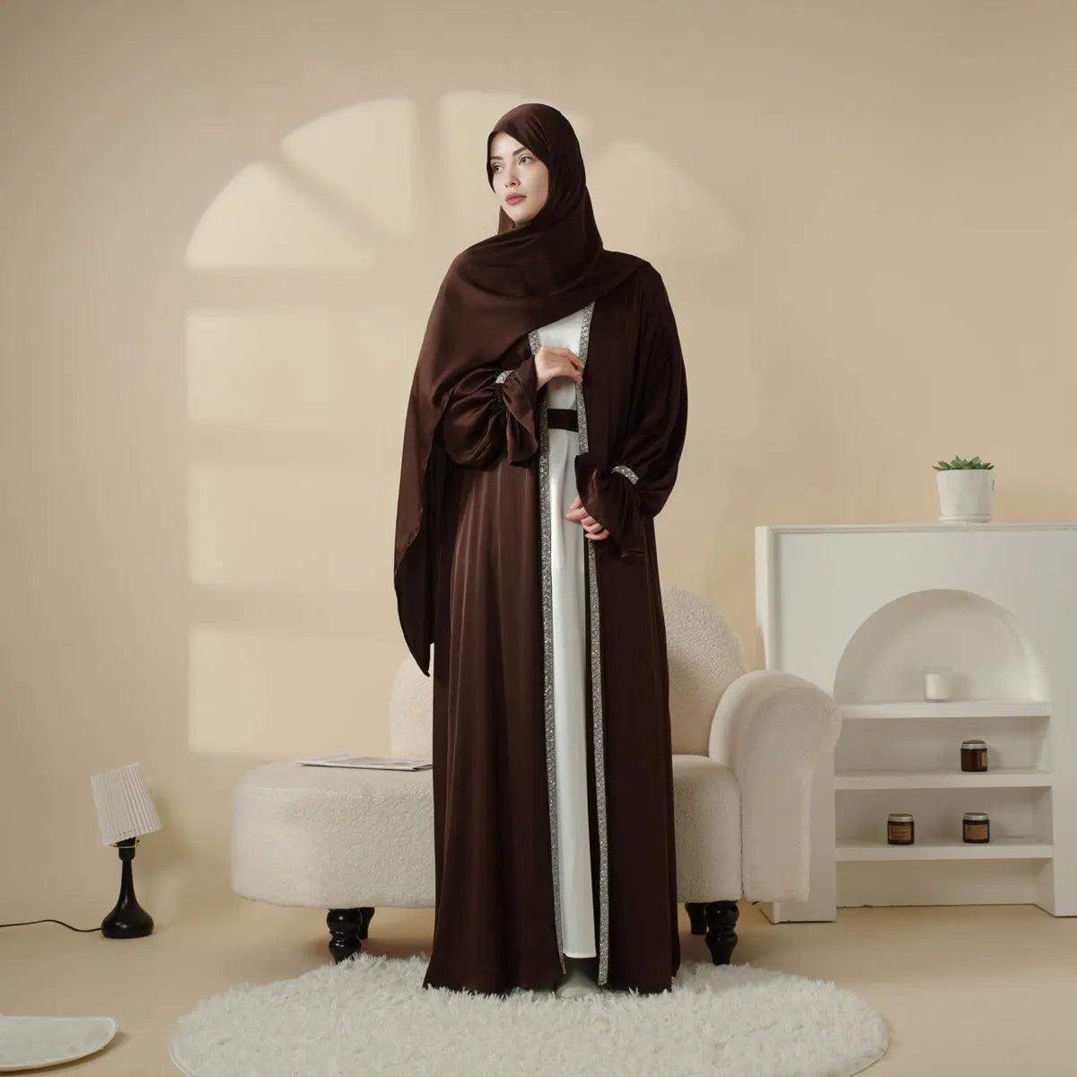MOA009 Poet Sleeve Satin 4-Piece Abaya Set - Mariam's Collection