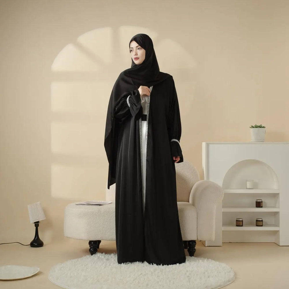 HS6158 Solid Long Sleeve Pleated Abaya with Artisan Sequin Work