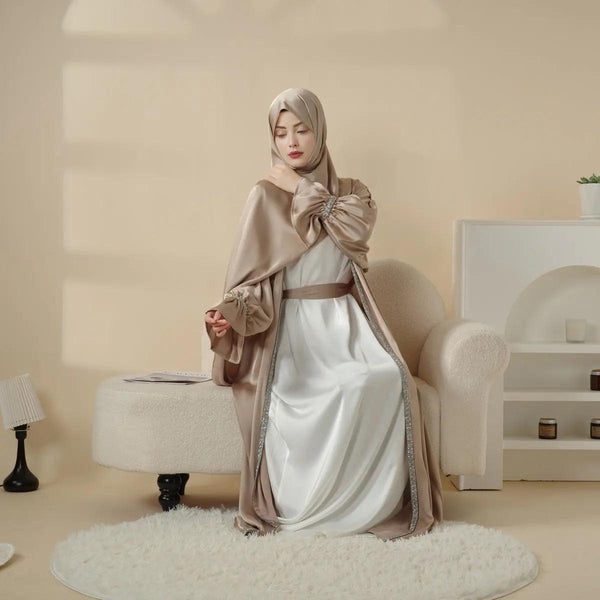 MOA009 Poet Sleeve Satin 4-Piece Abaya Set - Mariam's Collection