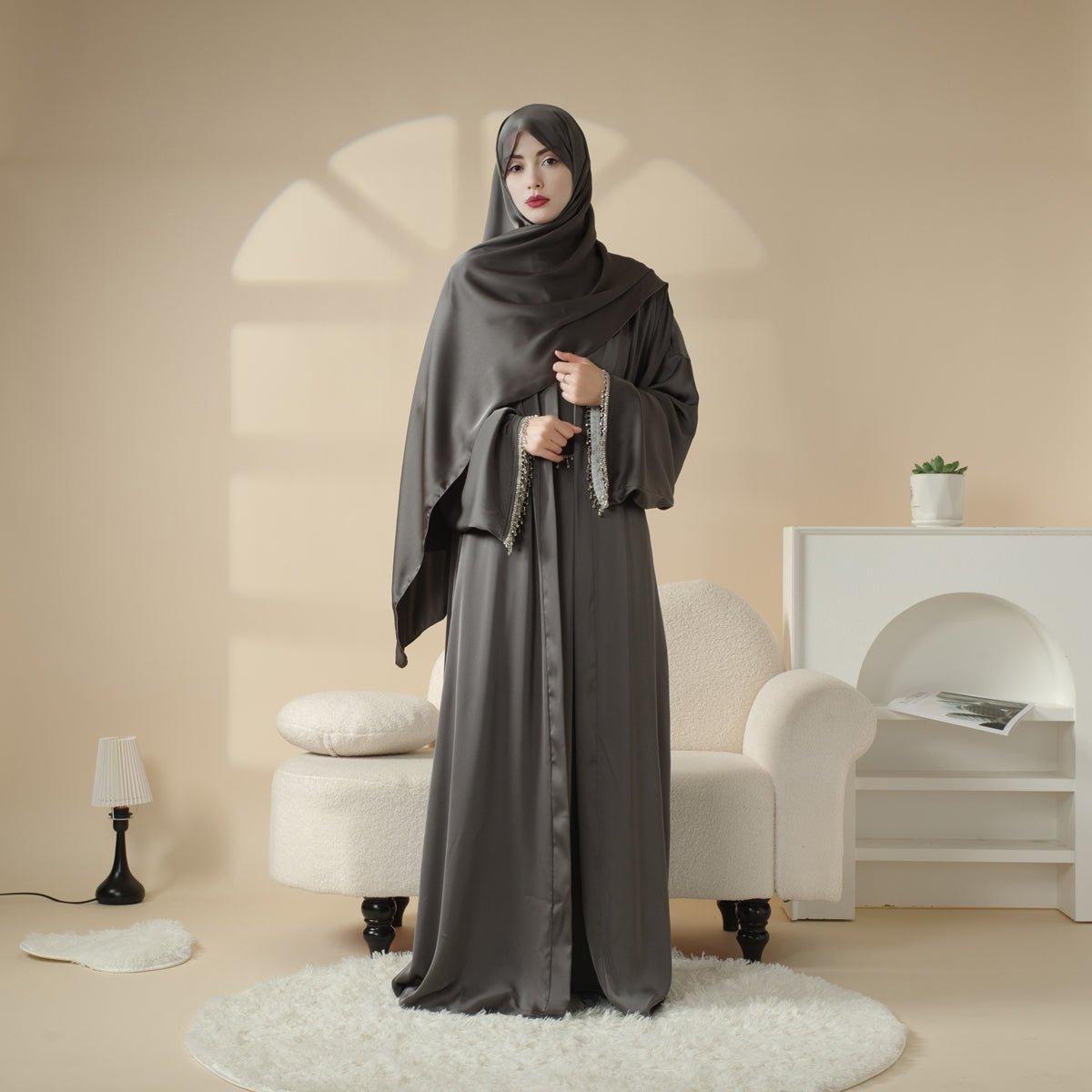 MOA010 Satin Diamond Tassel Abaya Set - Mariam's Collection